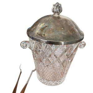 champagne ice dish crystal with sterling silver lid + tongs
